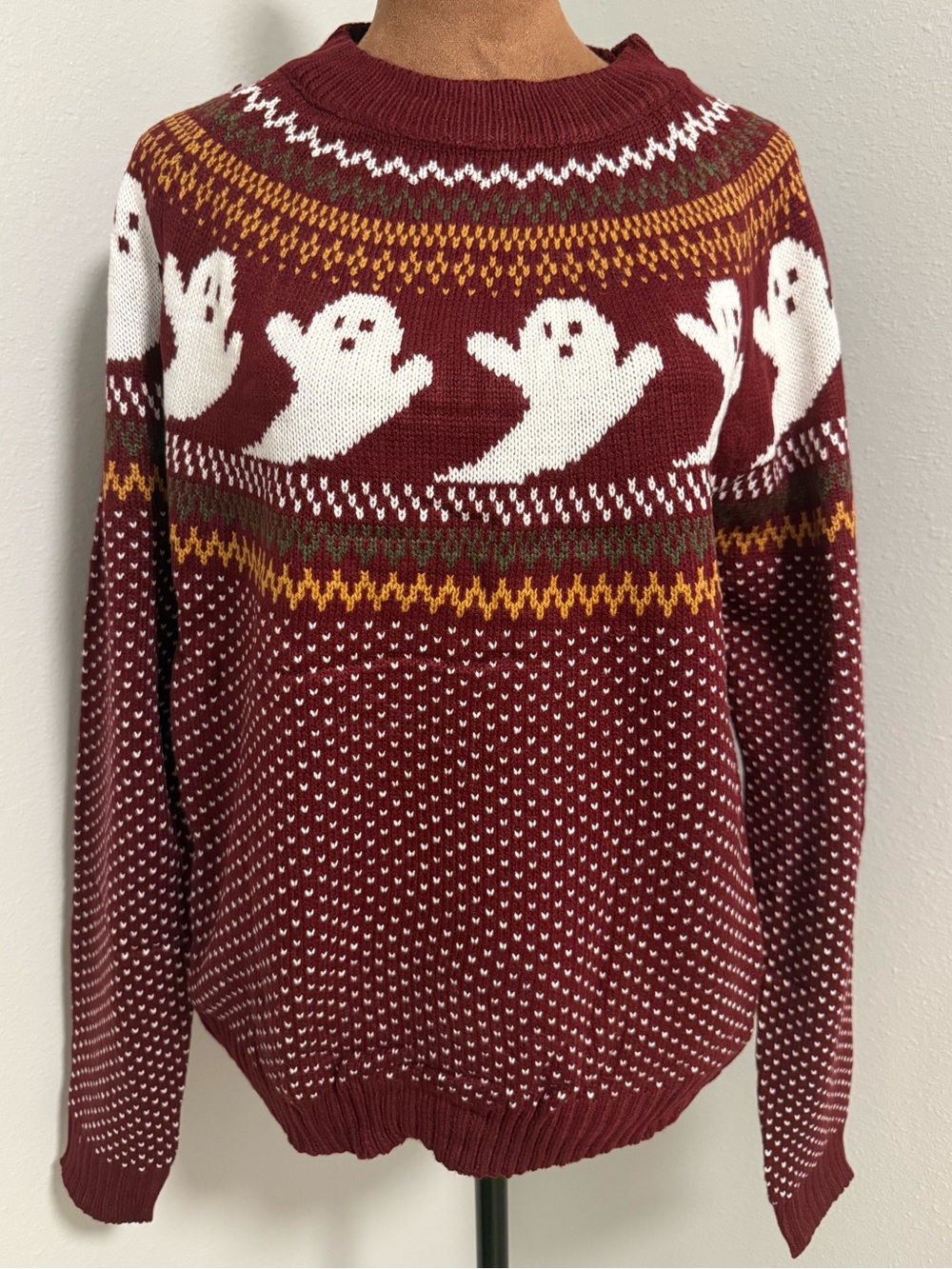 NWOT Women’s Burgundy Halloween Ghost Pattern Cable- Knit Pullover Sweater Sz S